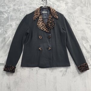 Vintage Jason Matthews Jacket Womens L Black Leopard Collar Double Breasted Knit